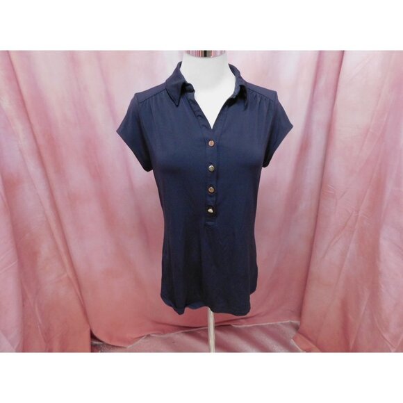 Charter Club Pleated Cap Sleeve Fitted Navy Blue Polo Top Medium - Picture 1 of 10
